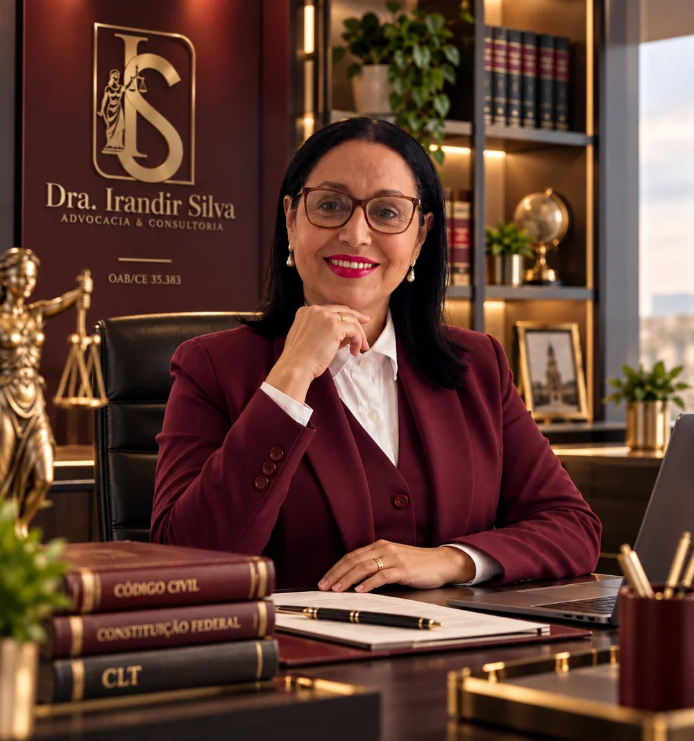 Dra. Irandir Silva, advogada, de blazer bordô em seu escritório