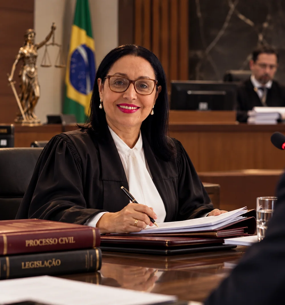 Dra. Irandir Silva em audiência, com a Estátua da Justiça ao fundo